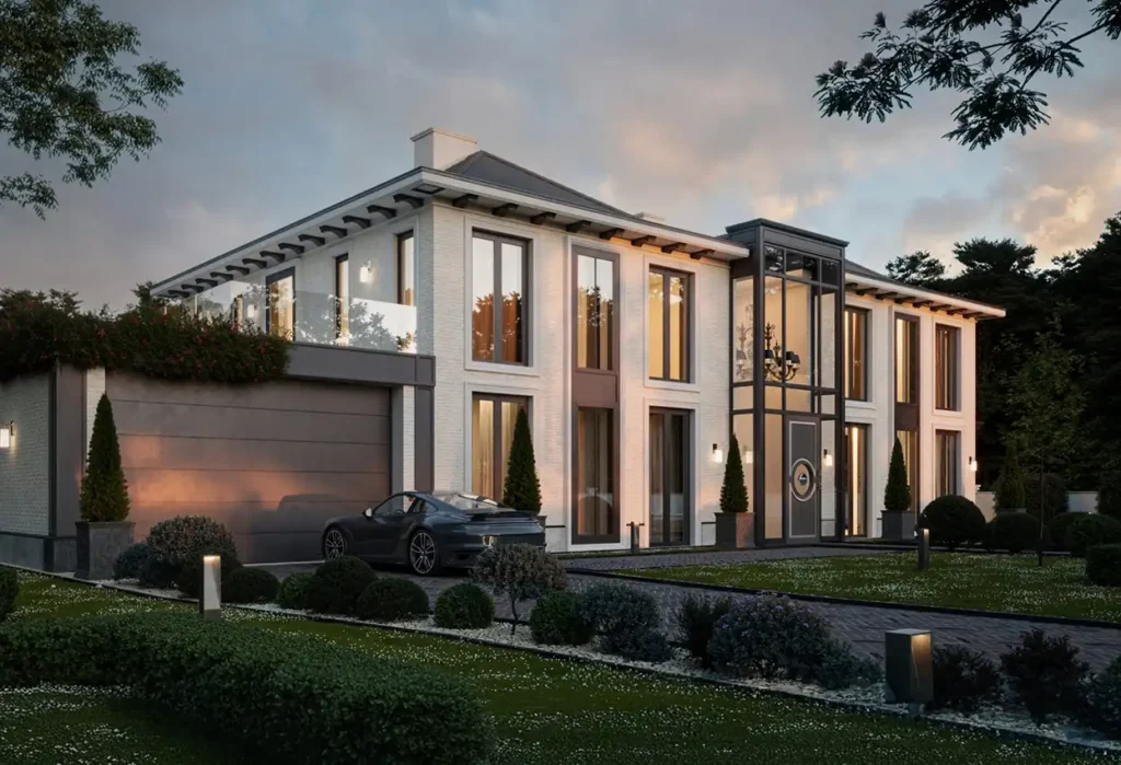 Een luxe landhuis met twee verdiepingen, grote raampartijen en een glazen entree bij avondlicht, met een zwarte sportwagen geparkeerd op de oprit voor de garage
